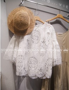 韩国夏季正品代购喇叭袖蕾丝上衣宽松短款镂空蕾丝衫娃娃衫S3