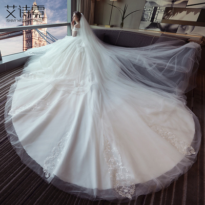 一字肩婚纱2018新款齐地公主梦幻长拖尾韩式显瘦花朵大码新娘礼服