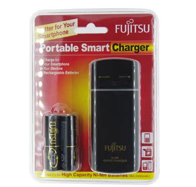 日本富士通USB快速充电器套装 2节5号充电电池1800次循环 黑色