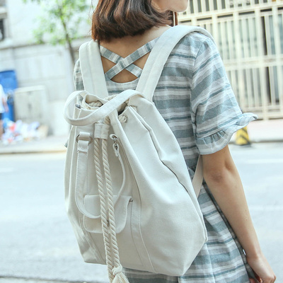 日韩版女简约百搭纯色帆布背包高中大学生书包双肩包休闲旅行包潮