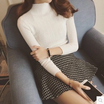 冬装新款 韩版竖纹纯色简单半高领超显瘦保暖长袖打底针织衫女
