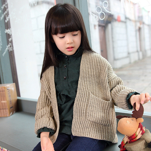 童装女春秋针织开衫 2016年新款 韩版女童开衫带口袋针织毛衣无扣