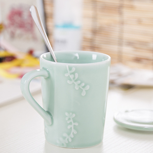 水杯带盖带勺咖啡杯创意情侣水杯 马克杯复古牛奶杯陶瓷杯子