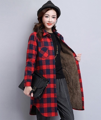 2016秋新款韩版加绒衬衫女中长款休闲冬季装加厚外套长袖格子衬衣