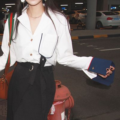 LGGDJDZ慵懒气质韩国chic口袋大袖子撞色复古衬衫上衣女