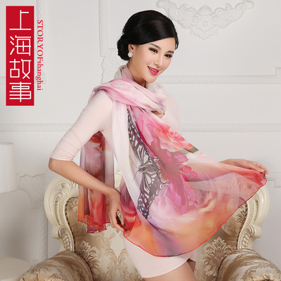 上海故事100%桑蚕丝丝巾 喷绘真丝围巾 丝绸大长巾教师节女友礼物