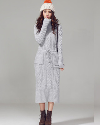 2015秋冬新款韩版高领修身抽绳中长款加厚套头毛衣打底外穿连衣裙