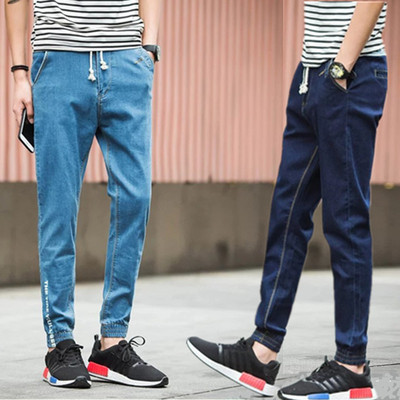 夏季青少年男式纯色牛仔裤 小脚修身型 简约百搭长裤韩版潮流