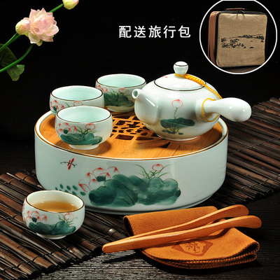 手绘陶瓷功夫茶具套装特价 整套茶具茶盘 便捷车载旅行快客杯茶具
