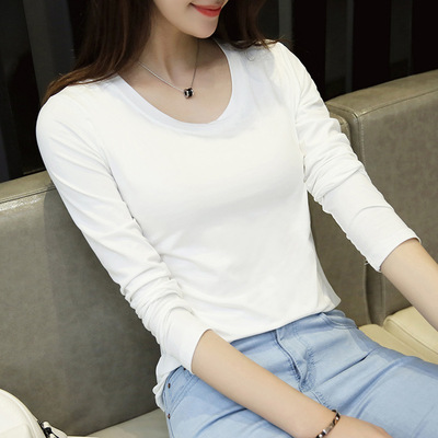 2016秋季韩版新款女装长袖t恤女纯色圆领修身显瘦上衣打底衫纯棉