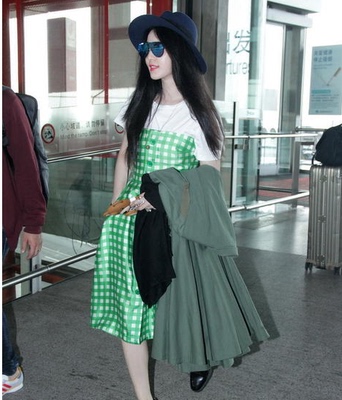 2015夏季新款女装范冰冰大牌明星同款复古绿色格纹拼接连衣裙