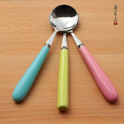 创意陶瓷长柄大汤勺不锈钢圆勺韩国水果勺子可爱儿童调羹汤匙饭勺