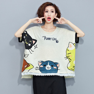 实拍韩版大码女装印花卡通猫咪镶民族风图案全棉T恤