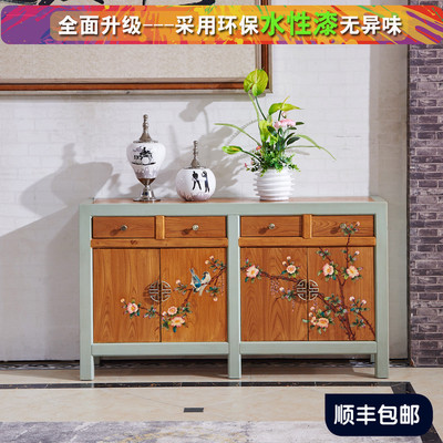 新中式玄关柜全实木彩绘储物柜复古餐边柜香樟木门厅柜四门四斗柜