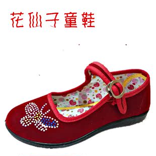 老北京布鞋女童鞋演出舞蹈鞋红平绒布鞋女棉布鞋高跟女单鞋搭扣带