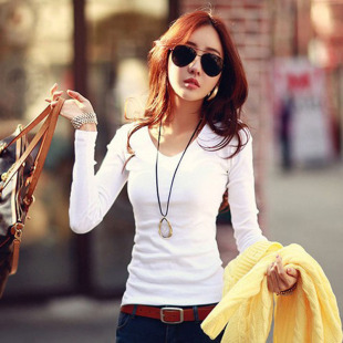 韩国女式纯色修身长袖T恤百搭 女士上衣打底衫