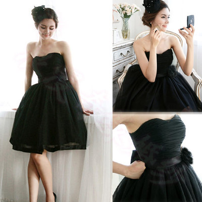 黑色小礼服裙抹胸短款蓬蓬裙2015新款显瘦年会伴娘服宴会装演出服