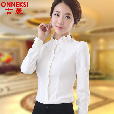 秋季韩版职业女士衬衫立领荷叶边钉珠衬衫纯色修身大码衬衫办公服