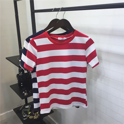 2016春装新款女装韩版红白横条纹短袖T恤修身短款体恤夏季韩国潮