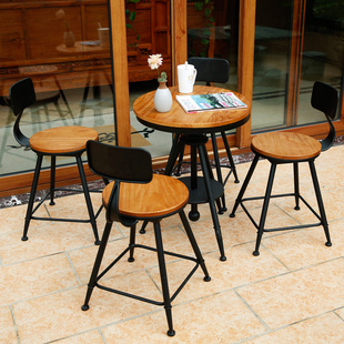 复古伸缩实木小圆桌吧台桌椅 欧美式乡村咖啡厅奶茶店餐桌椅组合