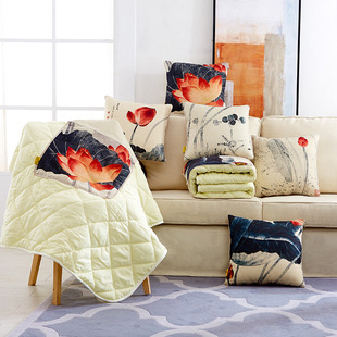 中国风荷花亚麻抱枕被子靠垫被宿舍用多功能两用绗缝抱枕被子包邮
