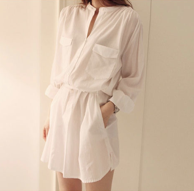 2015新款休闲女装衬衫薄长袖欧美风白色连衣裙(好质量3个码