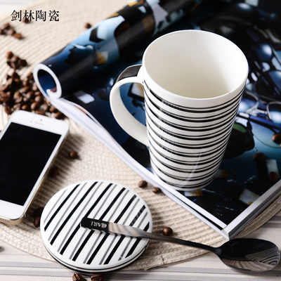 剑林创意陶瓷瓷器杯大容量带盖勺咖啡杯马克杯水杯子情侣杯线生活
