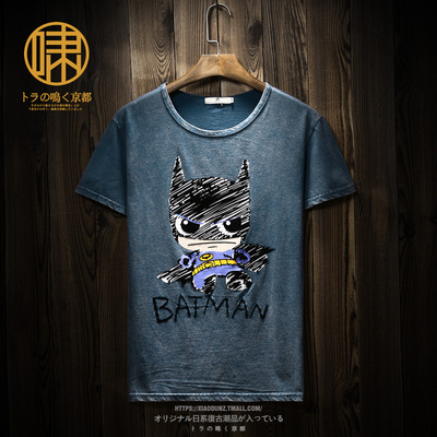 日系蝙蝠侠卡通图案印花短袖T恤 男学生可爱动漫人物半袖个性体恤