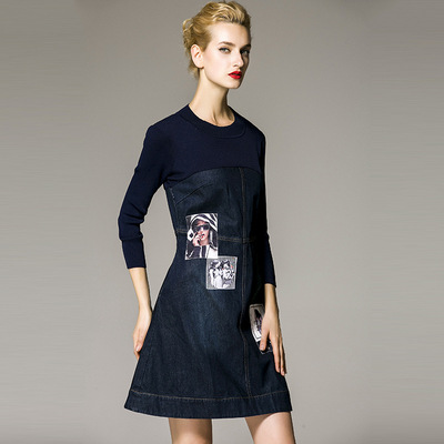 2016初春新款女装 欧美时尚 摩登贴布图案针织拼接牛仔气质连衣裙