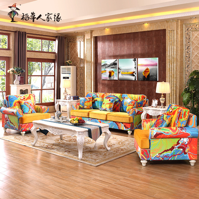 稻草人家缘 美式乡村布艺沙发组合123 小户型艺术创意皮布沙发
