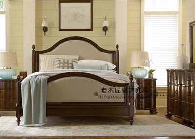 美式乡村实木床 美式亚麻布艺1.8米双人床 高端复古做旧家具定制