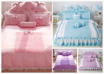 全棉床上用品韩版四件套纯色玫瑰纯棉田园蕾丝公主风床裙1.8m1.5