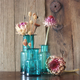 【玻璃花瓶-三姝】复古文艺桌面花瓶透明水晶蓝色玻璃小花瓶花器