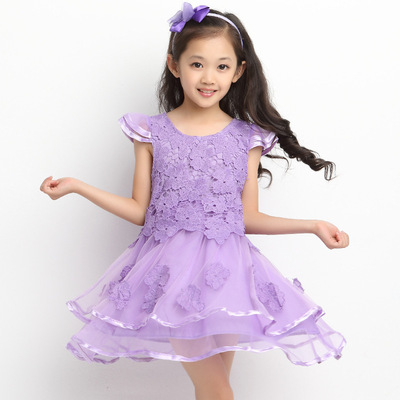 童装女童连衣裙2015夏季新款韩版短袖蕾丝网纱花边女孩公主舞蹈裙
