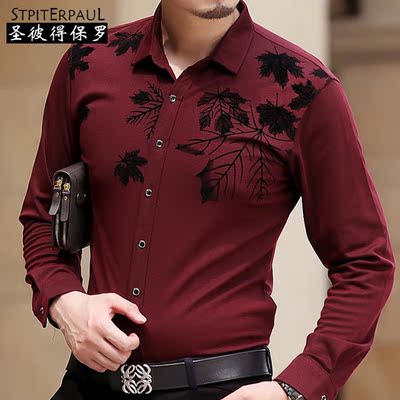 2015春秋新款 中年男士长袖衬衫 商务休闲中老年男装红色免烫衬衣