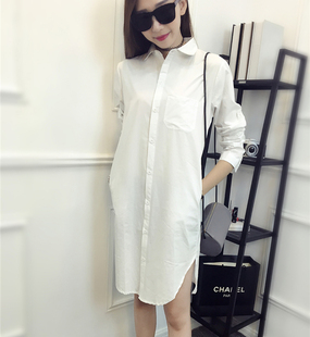 2016秋装韩版新款白衬衫长袖韩范女装学生中长款宽松bf风衬衣裙子