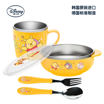 迪士尼宝宝餐具进口儿童用品不锈钢套组韩国四件套礼盒勺叉碗水杯