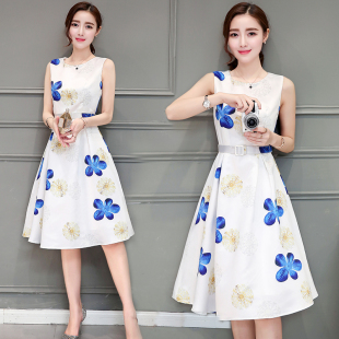 2016夏季新韩版无袖A字型女欧根纱中长款修身收腰显瘦印花连衣裙