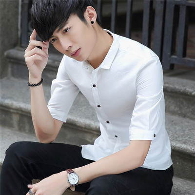 纯色夏季亚麻短袖衬衫韩版修身青年发型师七分男士五分中袖潮
