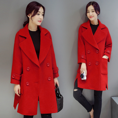 韩国正品气质纯色西装领大红色结婚呢大衣冬季直筒宽松毛呢外套