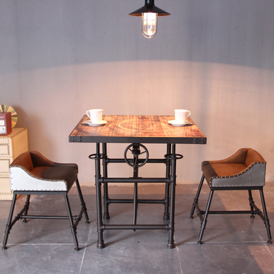 美式复古餐桌椅铁艺吧台桌椅奶茶店咖啡厅桌椅组合酒吧实木升降桌