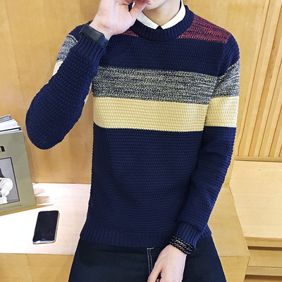 秋冬新款青少年男士韩版修身圆领条纹套头毛衣学生针织衫外套潮