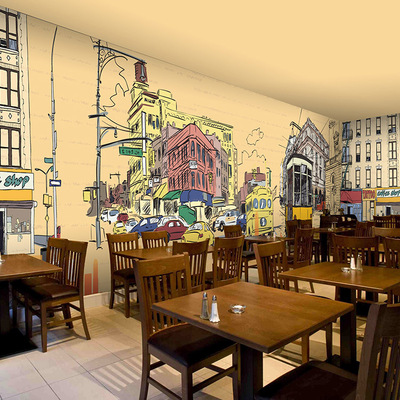 3D立体空间怀旧建筑主题壁纸餐厅咖啡奶茶店港式文化墙纸大型壁画