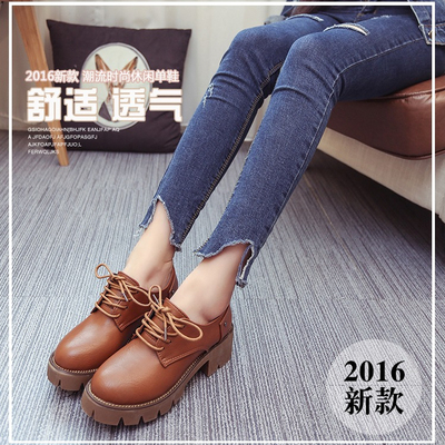 2016冬季新款女鞋平跟小皮鞋韩版系带圆头中跟百搭学生休闲鞋女潮