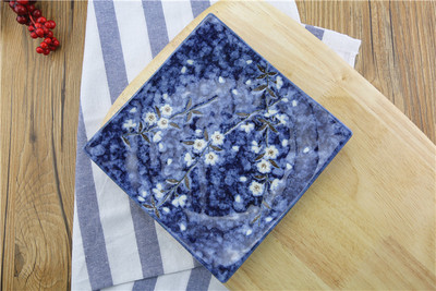 日本进口盘 美浓蓝绘变樱花陶瓷器餐具 釉下彩日式料理正方盘菜盘