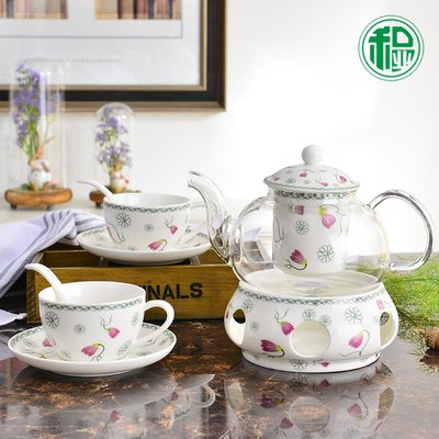 欧式花茶茶具陶瓷玻璃套装加热底座透明紫霞仙子茶壶茶杯下午茶