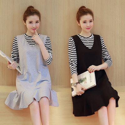 2016孕妇装秋装条纹长袖韩版两件套连衣裙中长款