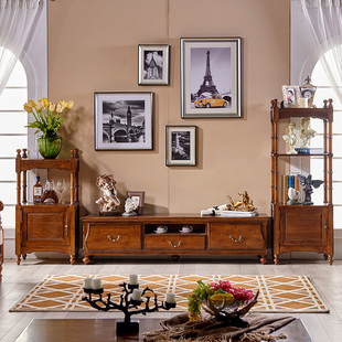 美式实木电视柜茶几组合电视柜背景墙客厅地柜1.8米全实木家具