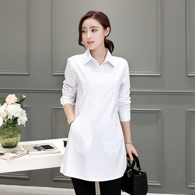 2016秋季新款韩版女式白衬衫中长款大码修身显瘦长袖纯棉宽松上衣