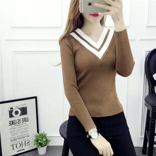 2016秋装新款韩版修身显瘦V领短款针织衫女装长袖毛衣外套打底衫